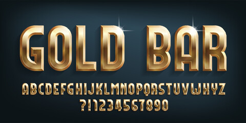 Fototapete - Gold Bar alphabet font. 3d golden letters and numbers. Stock vector typescript for your design.