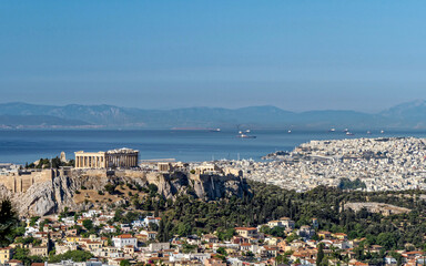 Wall Mural - Parthenon ancient temple on Acropolis hill and Athens panoramic view. Travel to Greece.