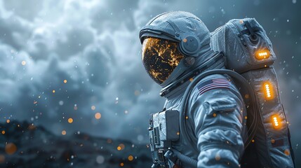 Astronaut in space suit with starry reflection on helmet, standing against dark cloudy sky, illuminated by orange lights, concept of exploration.