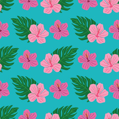 Wall Mural - Tropical hibiscus and leaf seamless pattern on turquoise background