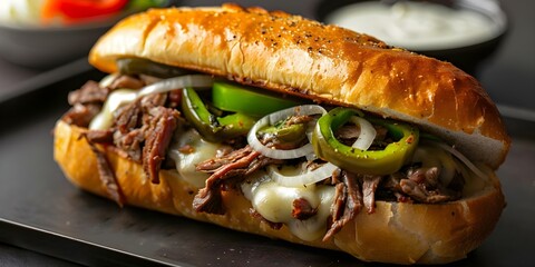 Wall Mural - Delicious Philly Cheesesteak with Ribeye, Pickles, Green Peppers, Onions, and Provolone in a Roll. Concept Philly Cheesesteak, Ribeye, Pickles, Green Peppers, Onions, Provolone, Roll