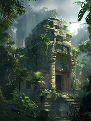 Wall Mural - Lush Jungle Shrouded Ancient Temple Ruins in Mystical Tropical Wilderness