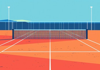 Tennis court in vibrant orange and blue sky with net in the middle illustration for sports and recreation concept