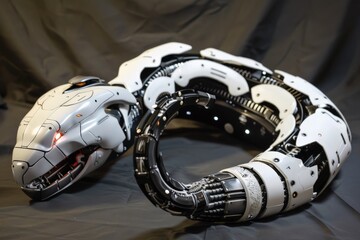 Poster - A futuristic metallic white robotic snake with lit-up red accents in a coiled position