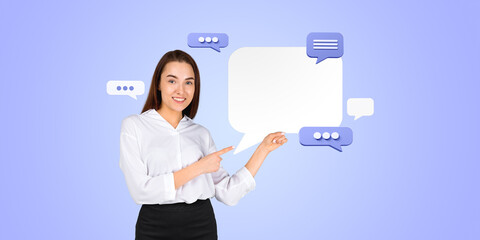 Poster - Smiling businesswoman finger point at mock up text message bubbles