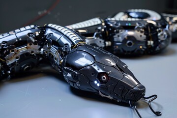 Poster - Close-up of a robotic snake head with intricate details and a glowing red light indicator