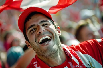 A happy male fan in a crowd, wearing red and white, cheering at a sporting event