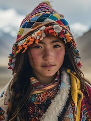 Curious young girl in colorful traditional Tibetan or Himalayan ethnic attire standing in a mountainous landscape