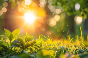 Poster - The image captures a vibrant sunflare through lush green leaves with sparkling bokeh, illustrating nature's beauty
