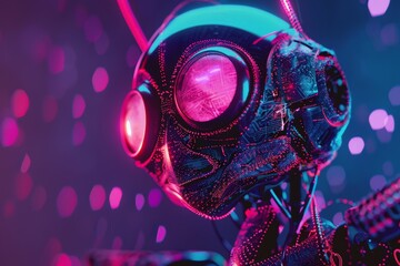 Aufkleber - A side profile shot of a robotic head against a dark background with vivid purple light reflections