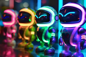 Poster - A vibrant display of robot figures with glowing features, lined up against a blurred colorful background