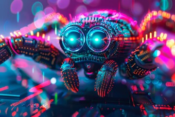 Aufkleber - A cybernetic spider robot with glowing blue eyes positioned on an electronic board, with neon light reflections
