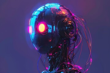 Poster - Close-up of a high-tech robot's head with a reflective surface, showcasing intricate details and colorful lights