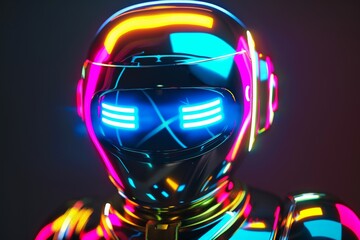 Aufkleber - A vivid neon-lit 3D render of a futuristic robot with cyberpunk aesthetics The image shows the head and shoulders of the robot with a vibrant color scheme