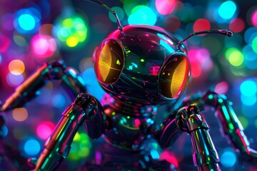 Poster - A whimsical robotic insect with large glowing orange eyes and colorful disco-style lighting