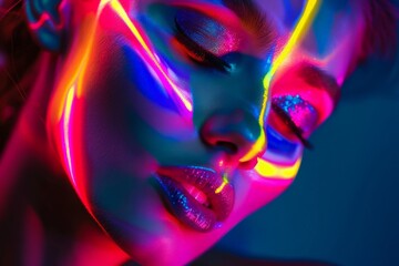 Poster - A vivid display of neon lights with dominant purple shades blending into reds and yellows creating an abstract scene