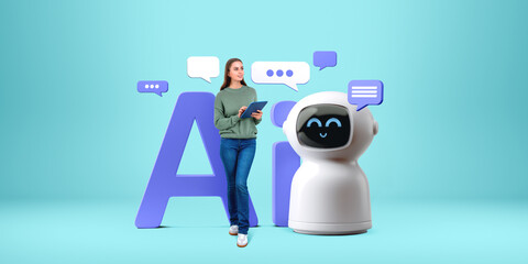 Poster - Woman with tablet, standing near robot with mockup speech bubbles