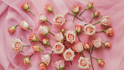 Flatlay of little roses on a pink background