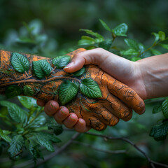 Wall Mural - Environment protection concept. Two handshake one human and green hand with leaves symbolizing nature. 