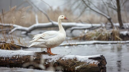 Wall Mural - A white goose is alone on a log with snow in the background