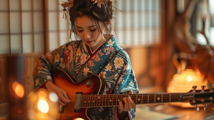 An ultra-detailed HDR photo of a Japanese woman in an intricately designed Kimono dress, passionately playing an electronic guitar on a traditional wooden stage with soft lantern light illuminating