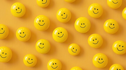 Poster - 3D rendering of a pattern of yellow smiley faces on a yellow background. The smiley faces are all the same size and are arranged in a grid formation.