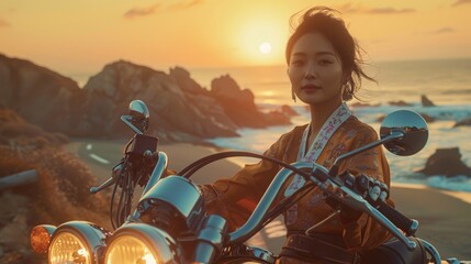 A Korean woman in a traditional Hanbok dress confidently rides a motorcycle through a scenic seaside road with clear blue skies at sunset