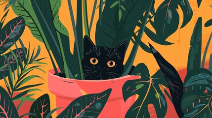 A black cat is sitting in a red pot with green leaves
