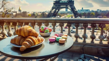 A Parisian cafe terrace with croissants and colorful macarons, overlooking the Eiffel Tower, under fairy lights.