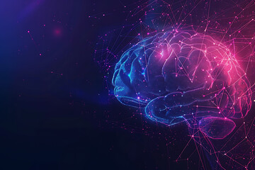 A transparent brain on a purple-blue background with abstract lines, representing intelligence, creativity, and modern technology.