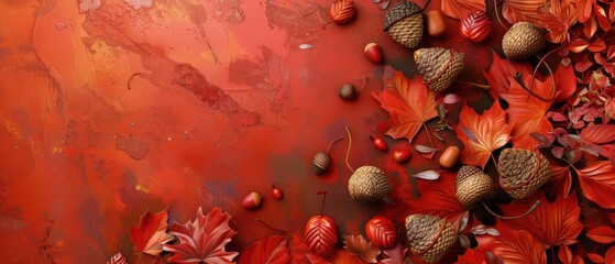 Wall Mural - 3D fall leaves and acorns on matte surface, vibrant tones, copy space,