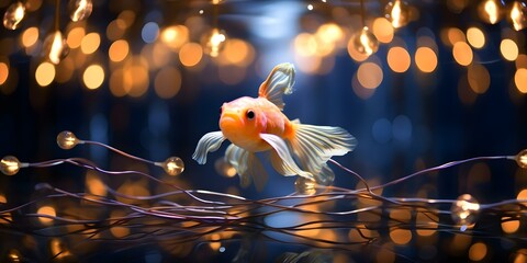 Graceful Goldfish Glides Through the Glow of a Bulb. Concept Underwater photography, aquatic life, lighting techniques, goldfish behavior, glow effects,