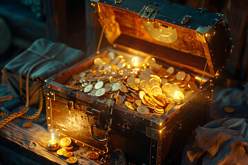 An old pirate chest filled with treasure and gold coins, exuding a sense of adventure and discovery