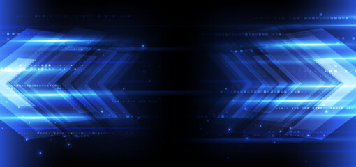 Poster - Abstract technology futuristic glowing arrow lines neon blue light ray on dark blue background with square pattern digital element.
