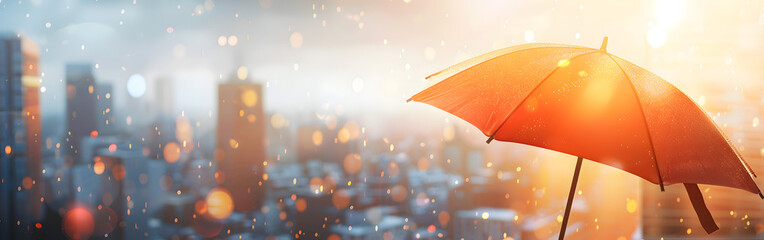 Orange umbrella on landscape city an with bokeh in the  background