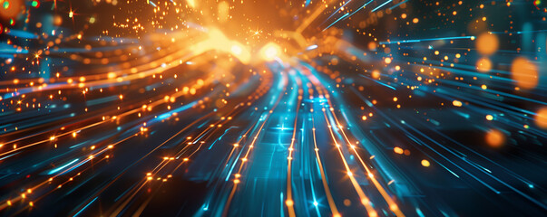 Poster - Abstract network and data speed, Blue and orange speed data futuristic background