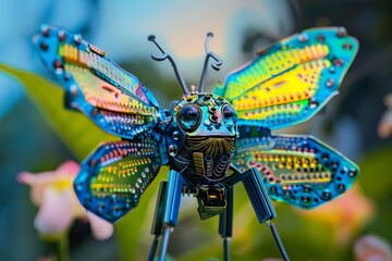 Poster - Close-up of a colorful mechanical butterfly sculpture with detailed components and vibrant wings