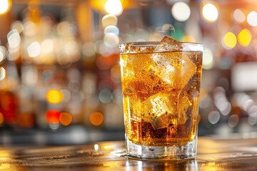 Poster - Close-up of a glass of soda on a bar counter with sparkling ice cubes and lively bokeh lights