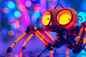 Poster - A vivid and playful representation of a robotic spider toy with bright orange eyes, against a futuristic blue-purple backdrop