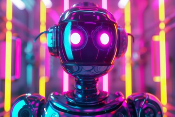 Poster - A digitally created friendly robot with pink eyes and a curious expression, against a vibrant neon-lit backdrop
