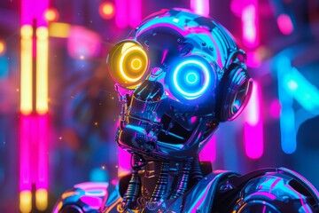 Aufkleber - Close-up of a sleek humanoid robot with glowing yellow eyes and intricate technological details
