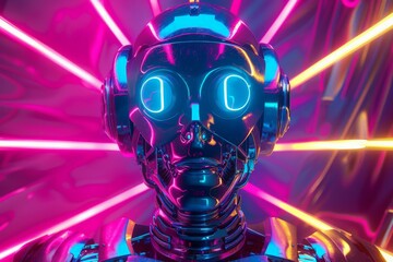 Aufkleber - A cyberpunk inspired robot head rendered with blue and pink neon lights reflecting off its shiny surface