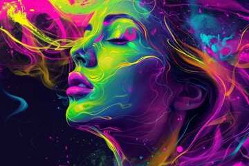 Aufkleber - A vibrant, colorful portrait of a woman created with digital art techniques, with psychedelic and abstract elements