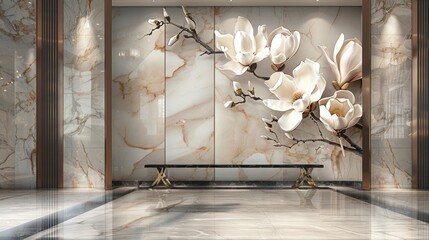 Wall Mural - 3D wallpaper, luxury design of a modern entrance wall with magnolia flowers and marble panels for interior decoration