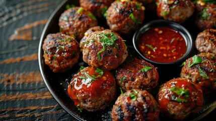 Ready to eat grilled meatballs served with a side of sauce
