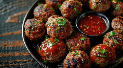 Canvas Print - Ready to eat grilled meatballs served with a side of sauce