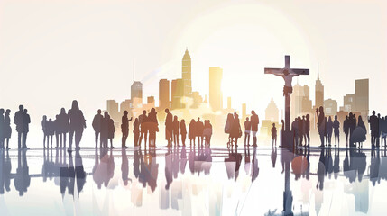 A silhouette of a crowd standing before a large cross with Jesus on it, against a backdrop of a city skyline