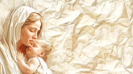 Wall Mural - A painting depicting the Virgin Mary cradling the infant Jesus, radiating peace and love against a backdrop of wrinkled, textured paper