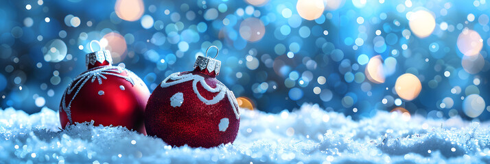 Christmas background with red and white ornaments on snow. shiny bokeh lights and blue abstract glittery backdrop. Christmas concept banner with space for copy for web design 