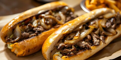 Wall Mural - The Iconic American Street Food Philly Cheesesteak and its Roots in Philadelphia. Concept American Cuisine, Street Food, Philadelphia History, Sandwiches, Food Origins,